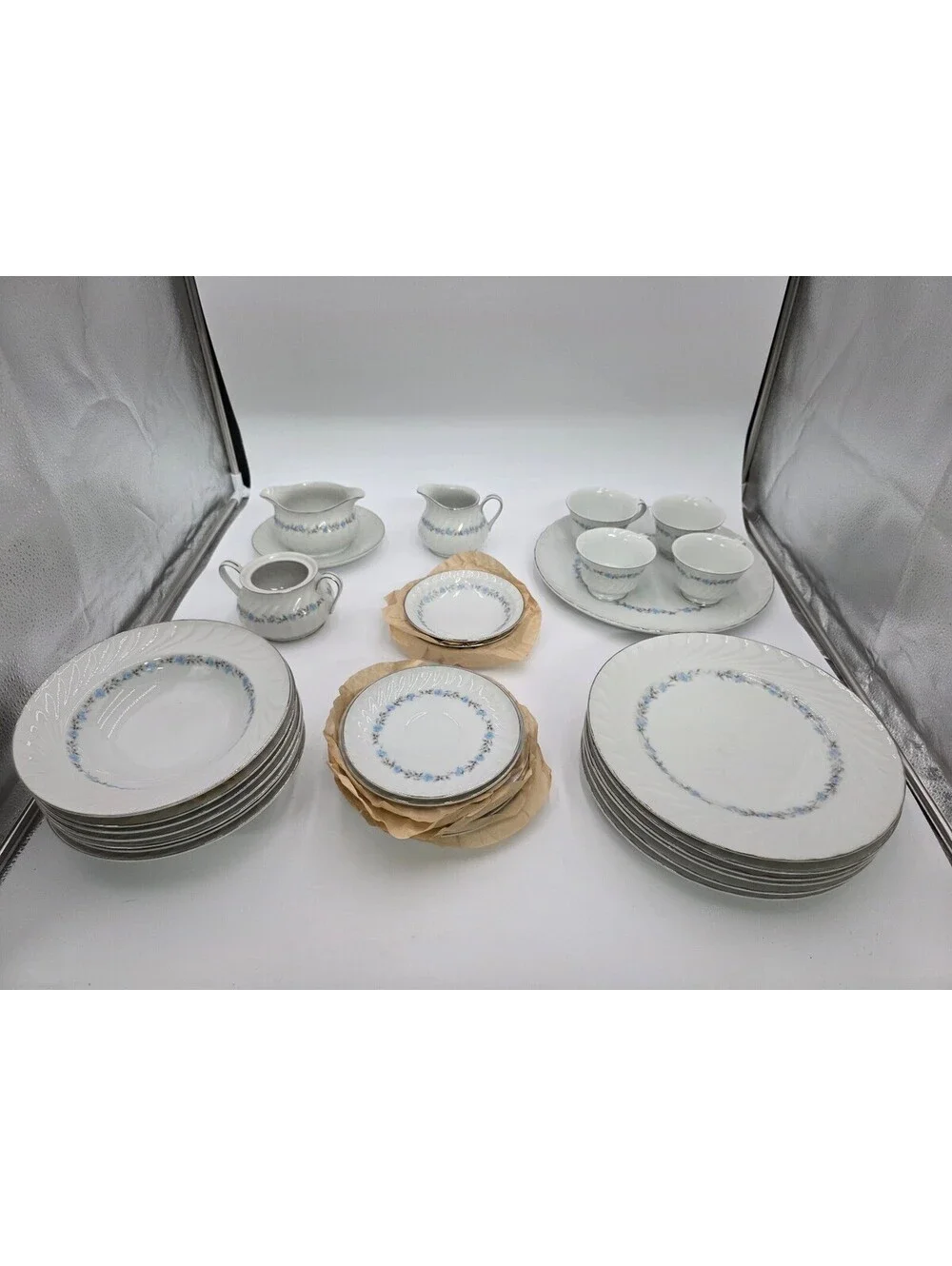 Heritage Fine China Blue Floral Dinnerware Set with Creamers and Cups